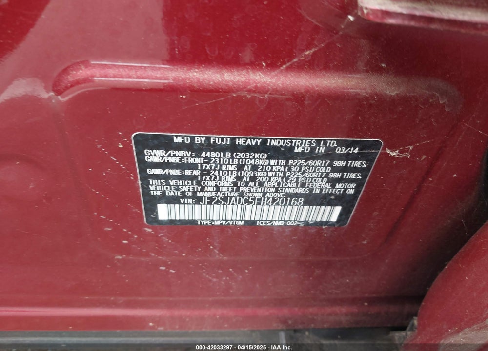 2015 SUBARU FORESTER 2.5I PREMIUM VIN: JF2SJADC5FH420168