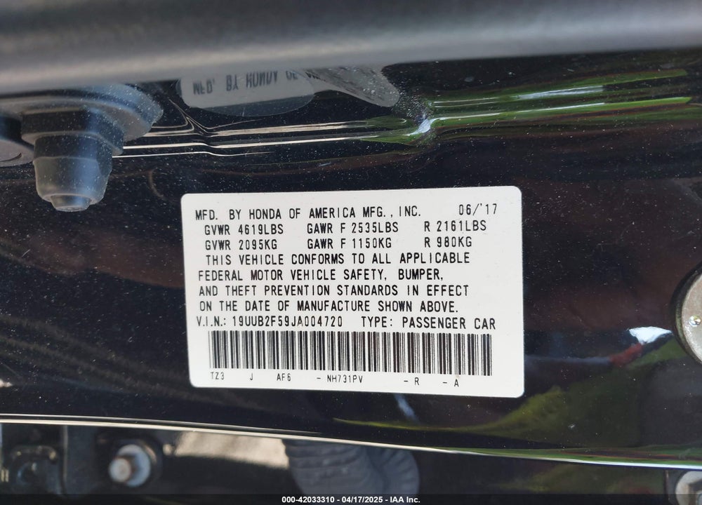 2018 ACURA TLX VIN: 19UUB2F59JA004720