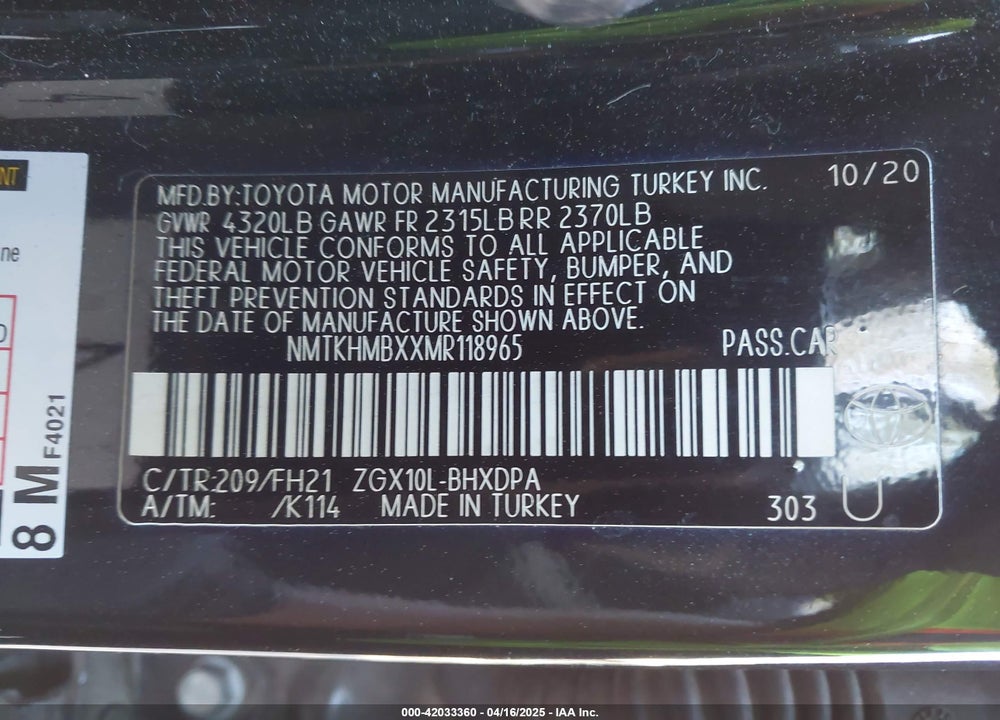 2021 TOYOTA C-HR LE VIN: NMTKHMBXXMR118965