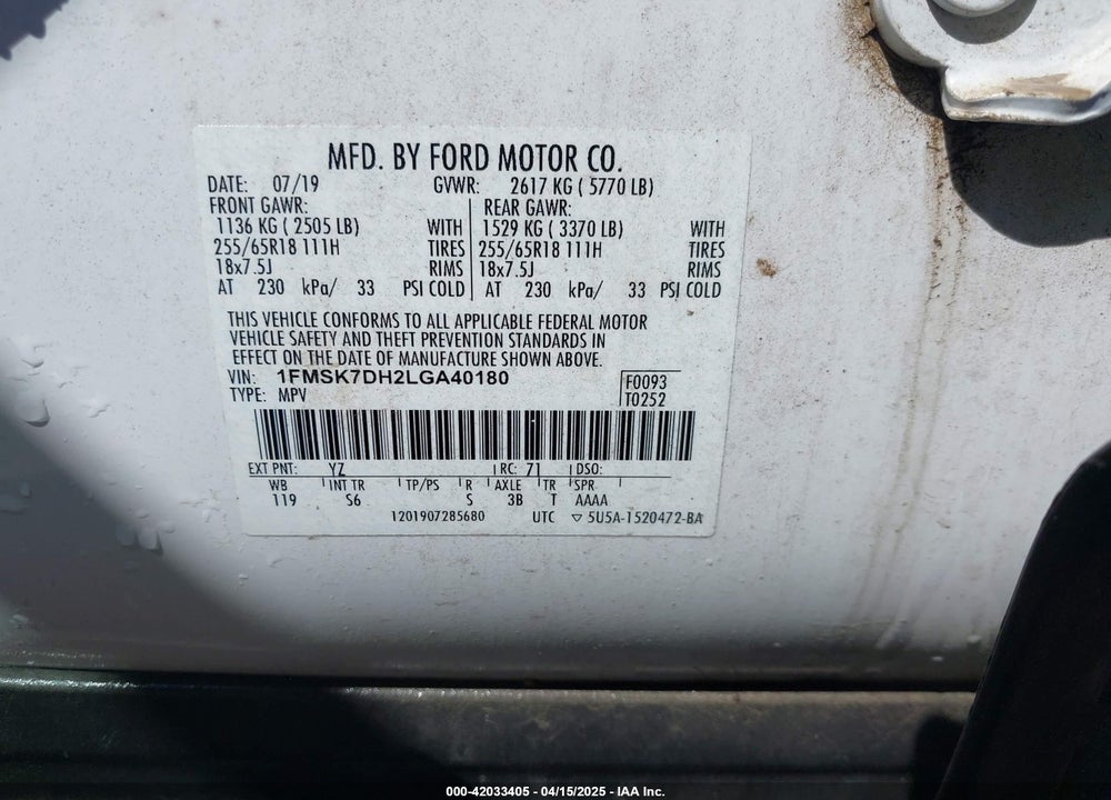 2020 FORD EXPLORER XLT VIN: 1FMSK7DH2LGA40180