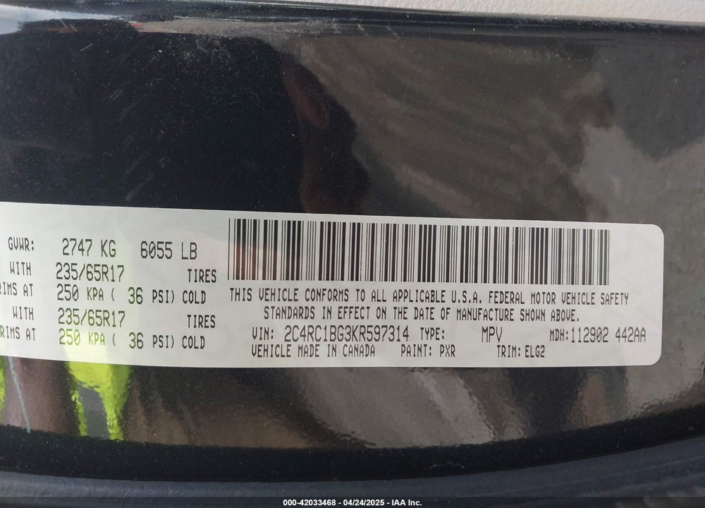 2019 CHRYSLER PACIFICA VIN: 2C4RC1BG3KR597314