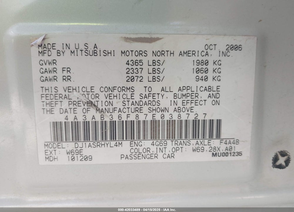 2007 MITSUBISHI GALANT ES/SE VIN: 4A3AB36F87E038727