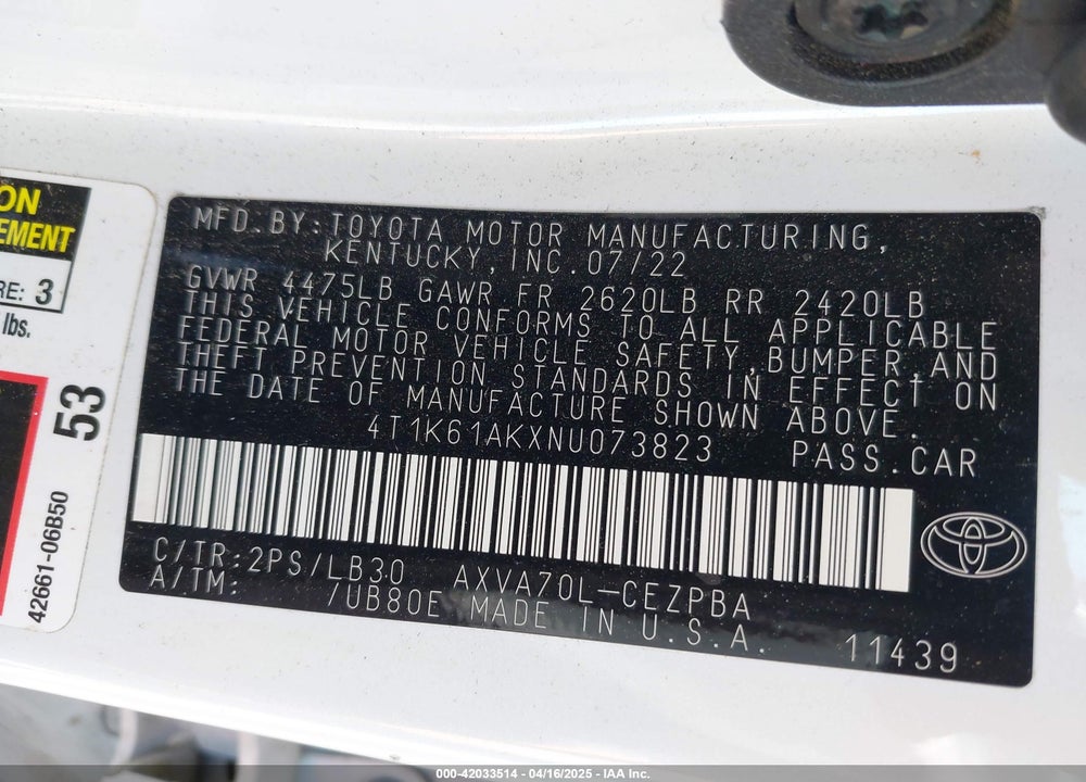 2022 TOYOTA CAMRY XSE VIN: 4T1K61AKXNU073823