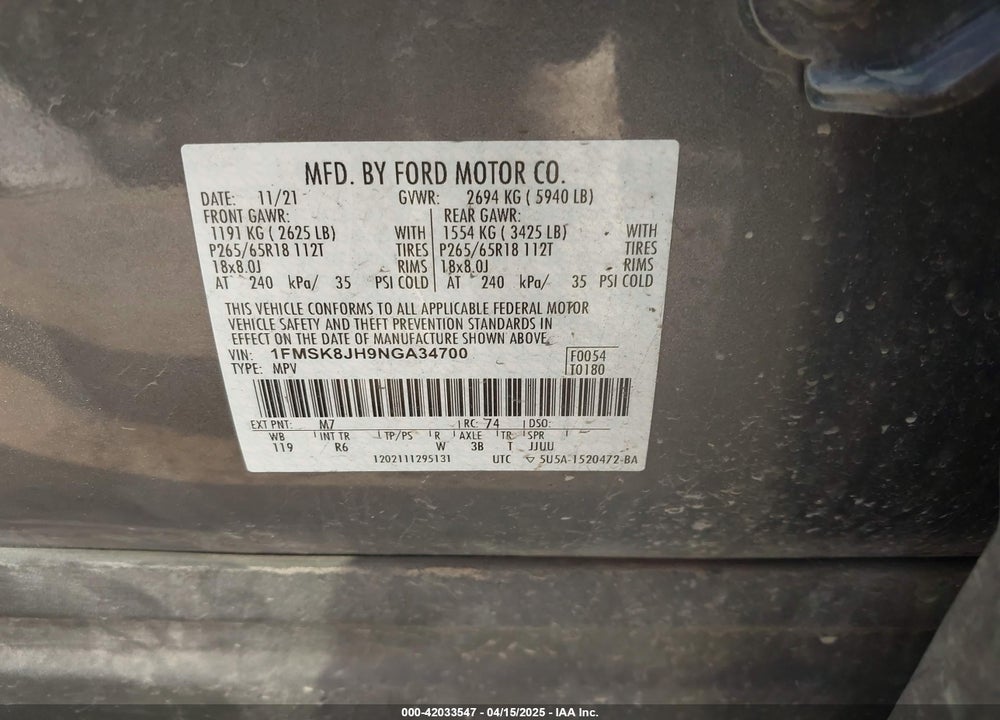 2022 FORD EXPLORER VIN: 1FMSK8JH9NGA34700
