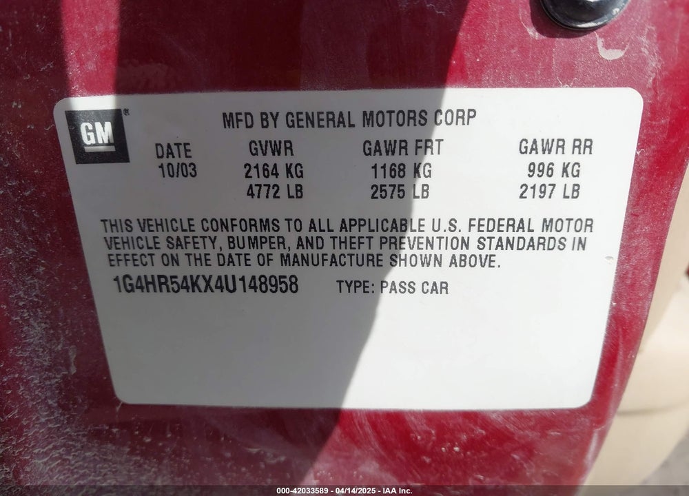 2004 BUICK LESABRE LIMITED VIN: 1G4HR54KX4U148958