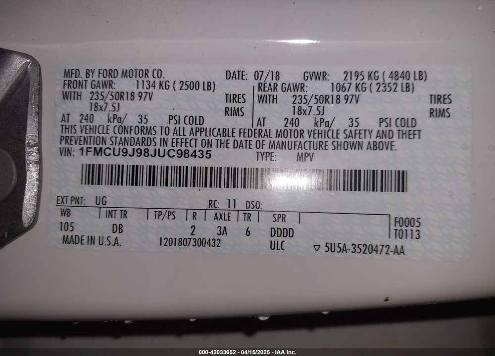 2018 FORD ESCAPE TITANIUM VIN: 1FMCU9J98JUC98435