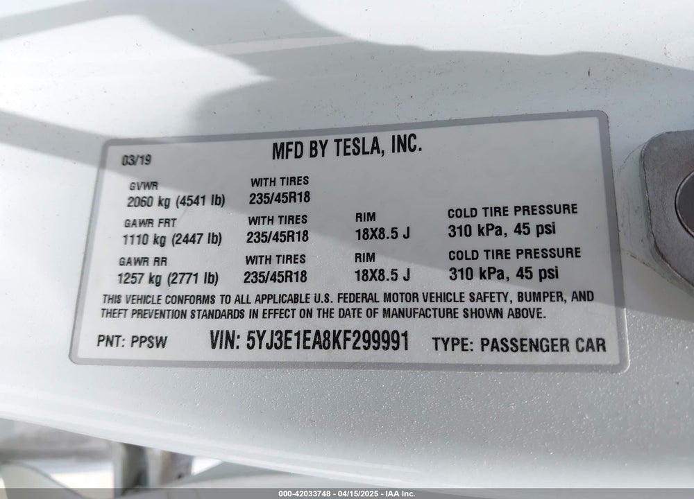2019 TESLA MODEL 3 VIN: 5YJ3E1EA8KF299991