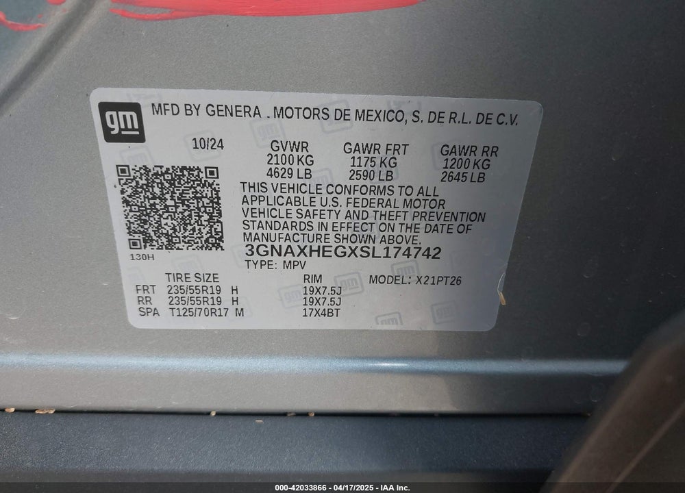 2025 CHEVROLET EQUINOX VIN: 3GNAXHEGXSL174742