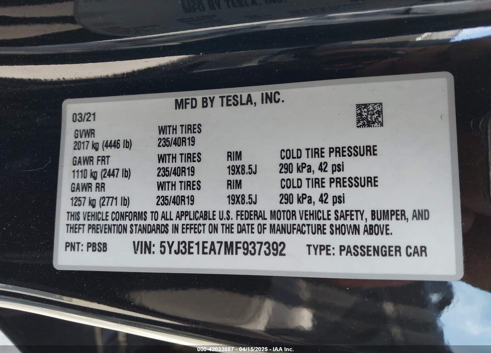 2021 TESLA MODEL 3 STANDARD RANGE PLUS REAR-WHEEL DRIVE VIN: 5YJ3E1EA7MF937392