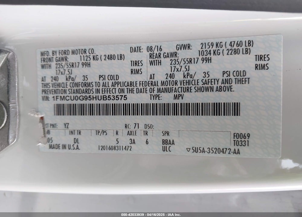 2017 FORD ESCAPE SE VIN: 1FMCU0G95HUB53575