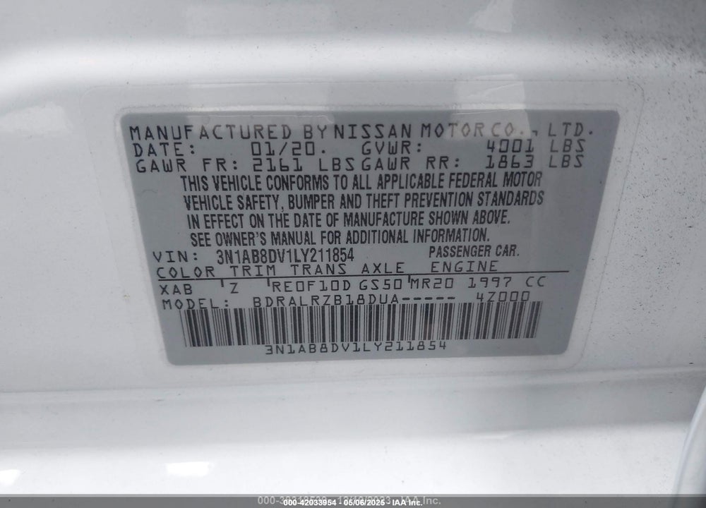 2020 NISSAN SENTRA VIN: 3N1AB8DV1LY211854
