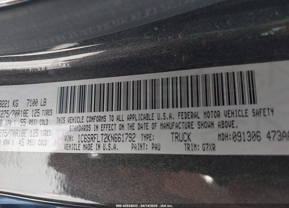 2019 RAM 1500 VIN: 1C6SRFLT2KN661792