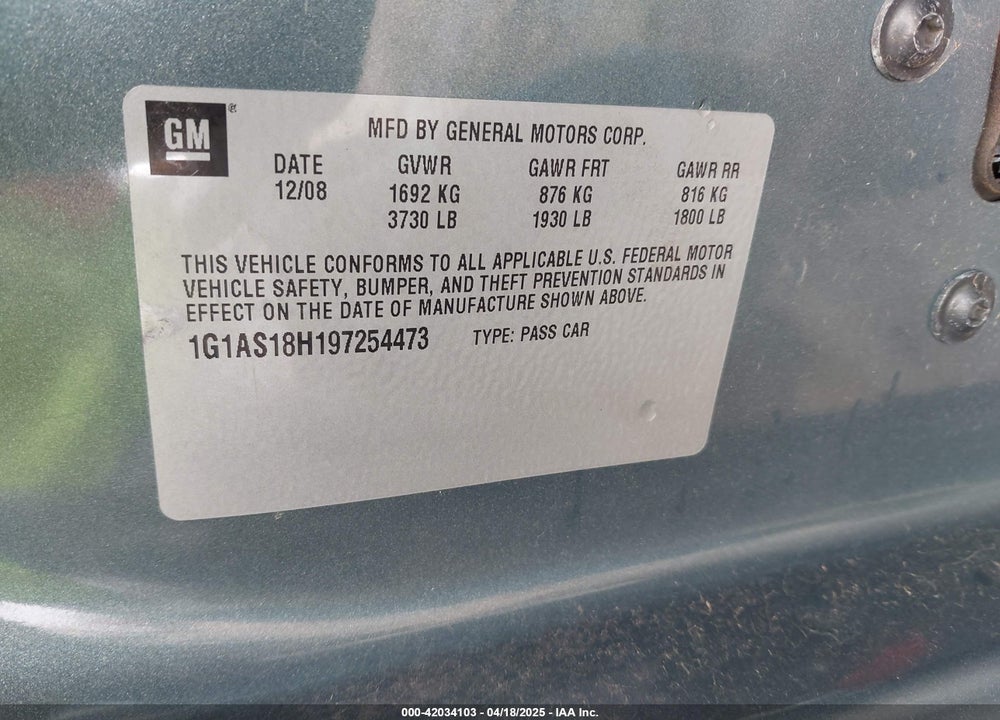 2009 CHEVROLET COBALT VIN: 1G1AS18H197254473