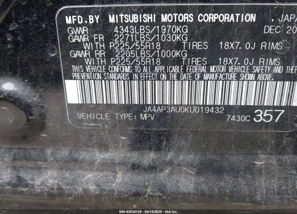 2019 MITSUBISHI OUTLANDER SPORT VIN: JA4AP3AU0KU019432