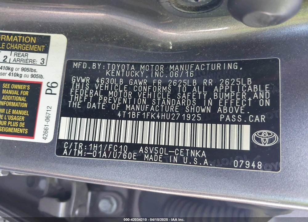 2017 TOYOTA CAMRY VIN: 4T1BF1FK4HU271925
