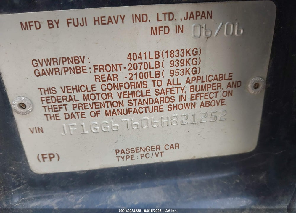 2006 SUBARU IMPREZA 2.5I VIN: JF1GG67606H821252