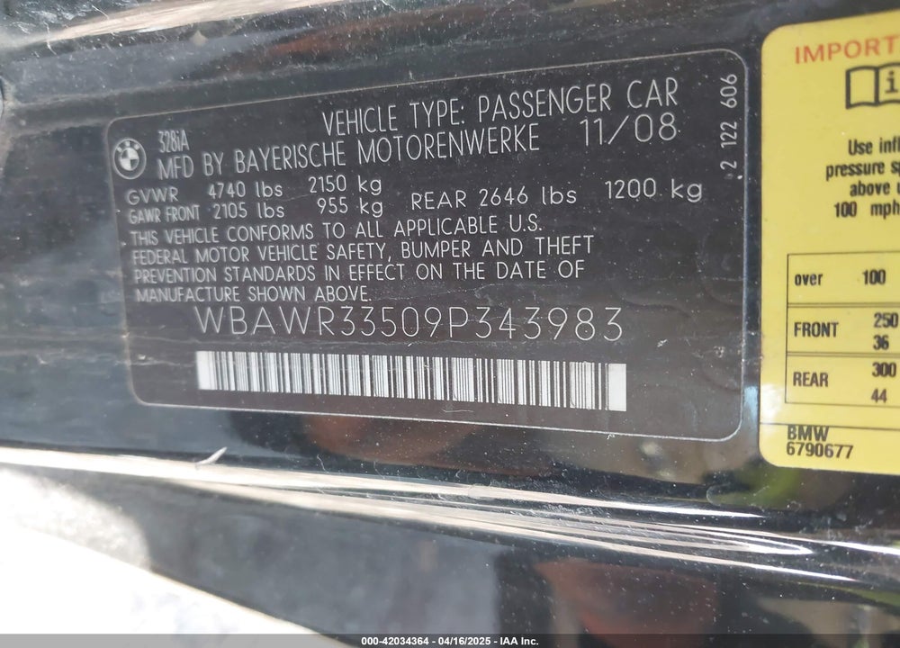 2009 BMW 328I VIN: WBAWR33509P343983