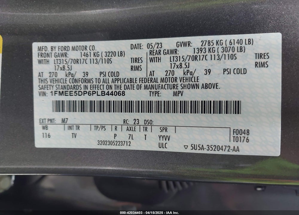 2023 FORD BRONCO WILDTRAK VIN: 1FMEE5DP6PLB44068