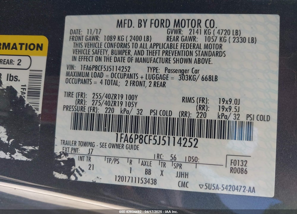 2018 FORD MUSTANG GT VIN: 1FA6P8CF5J5114252