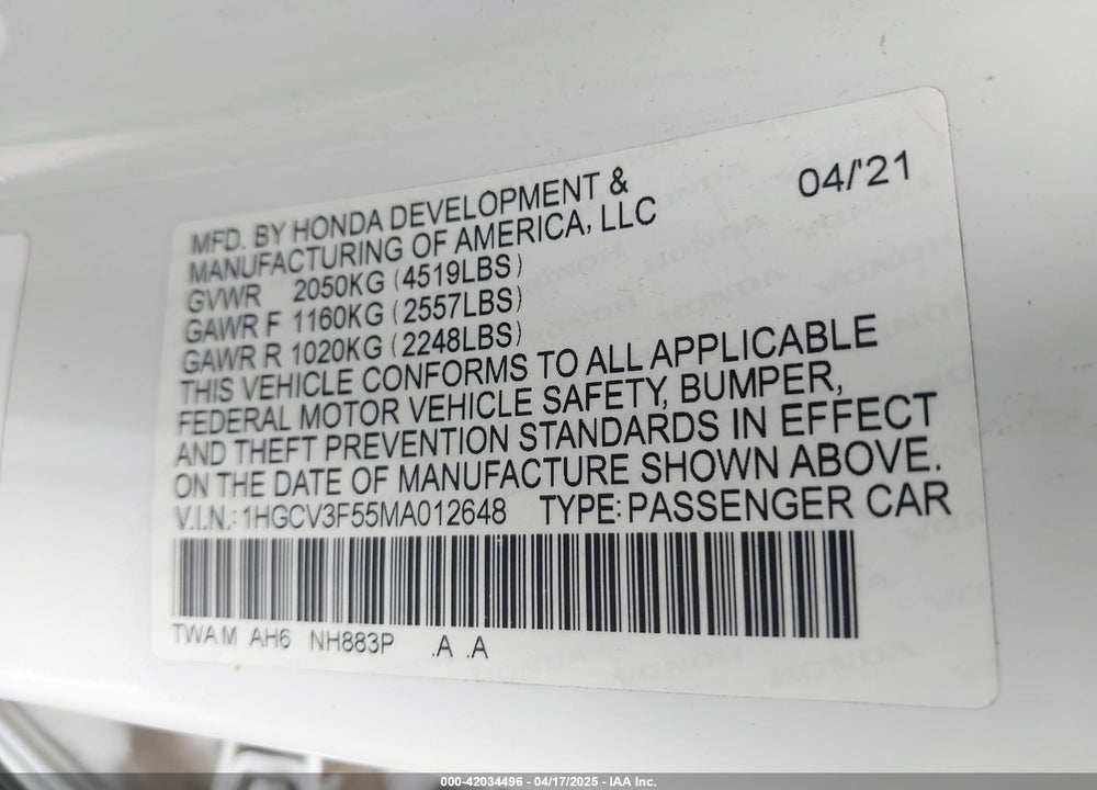 2021 HONDA ACCORD HYBRID EX-L VIN: 1HGCV3F55MA012648