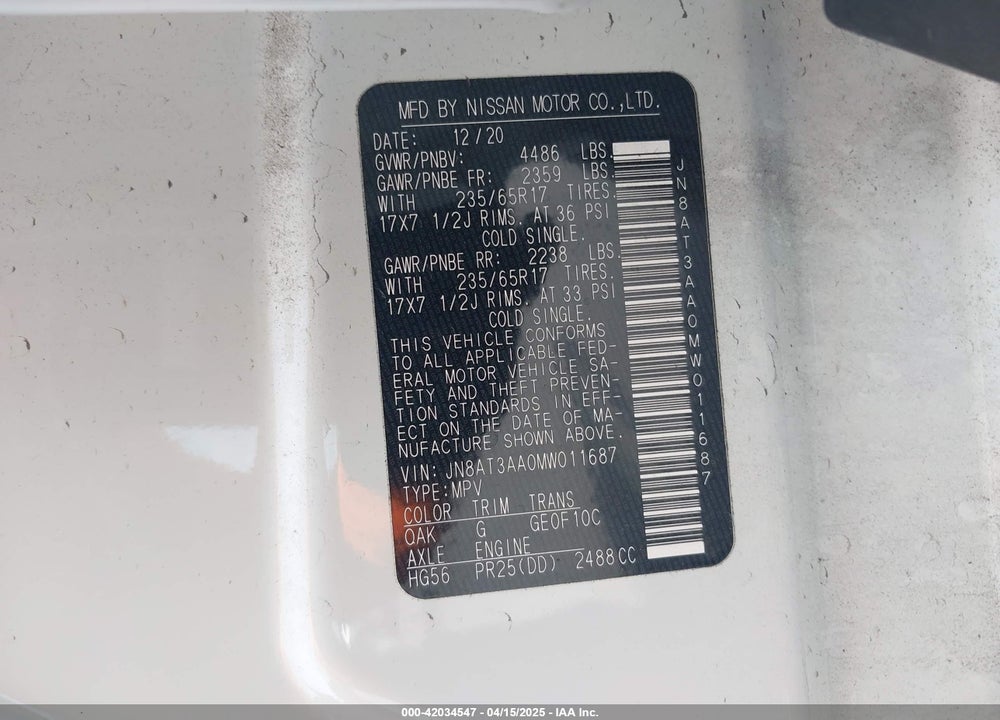2021 NISSAN ROGUE VIN: JN8AT3AA0MW011687