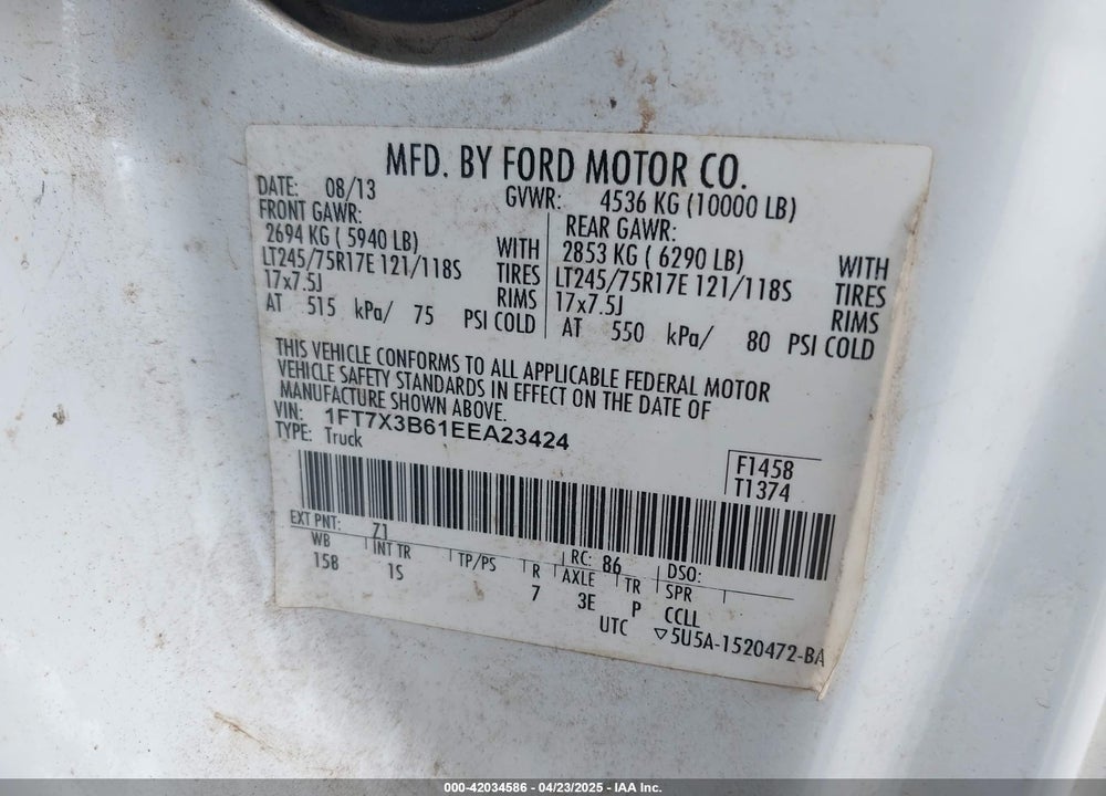 2014 FORD F 350 VIN: 1FT7X3B61EEA23424