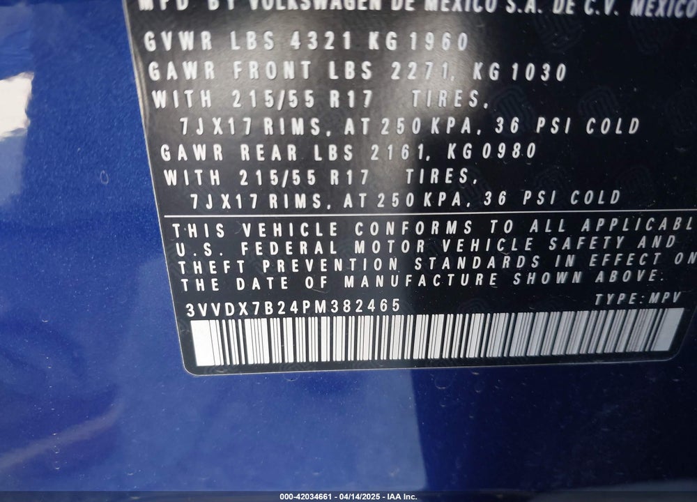 2023 VOLKSWAGEN TAOS VIN: 3VVDX7B24PM382465