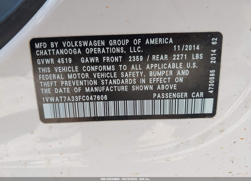 2015 VOLKSWAGEN PASSAT 1.8T WOLFSBURG EDITION VIN: 1VWAT7A33FC047606