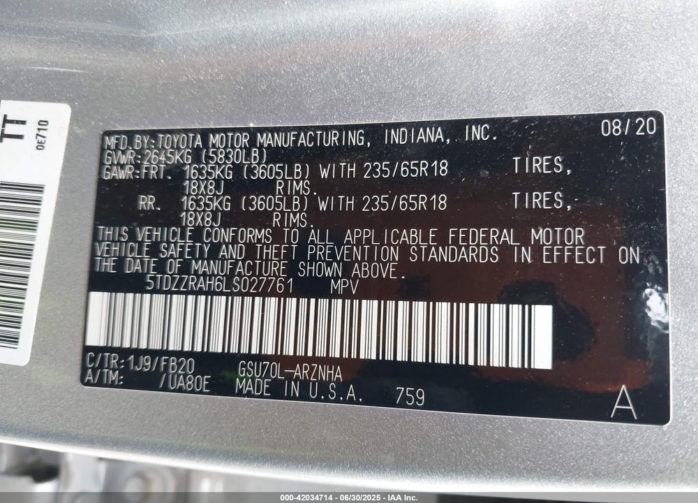 2020 TOYOTA HIGHLANDER VIN: 5TDZZRAH6LS027761