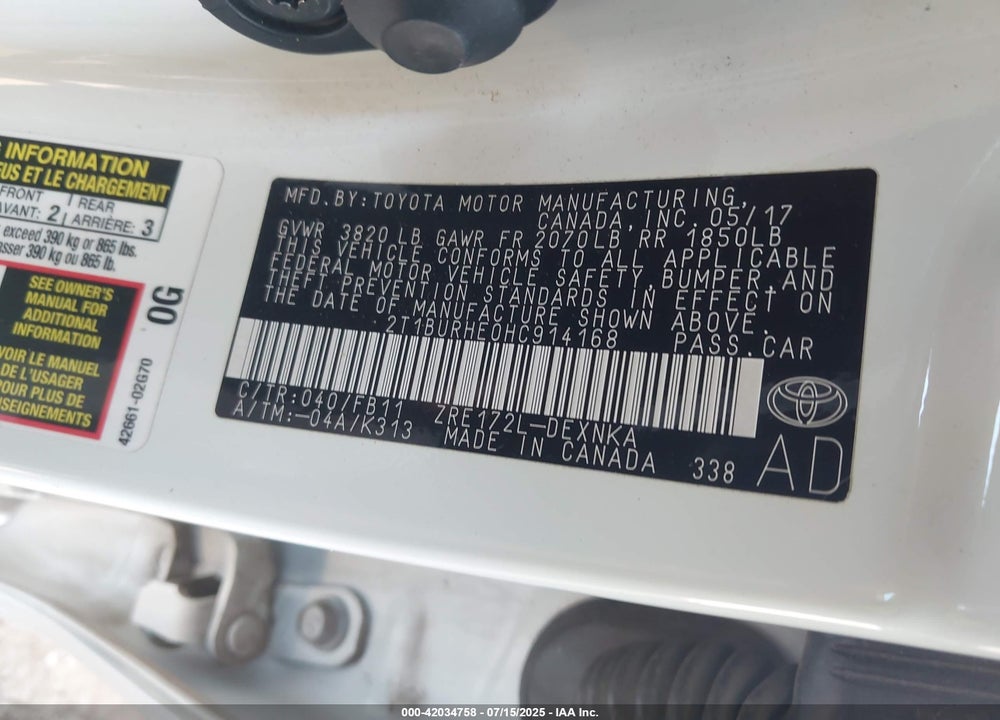 2017 TOYOTA COROLLA VIN: 2T1BURHE0HC914168