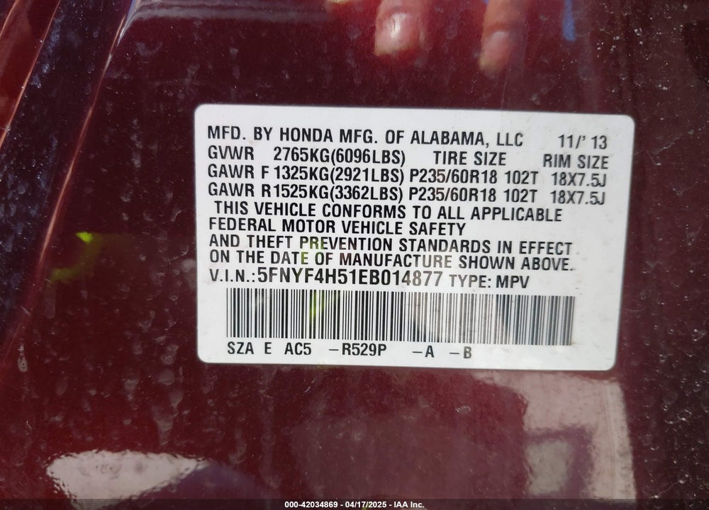 2014 HONDA PILOT EX-L VIN: 5FNYF4H51EB014877