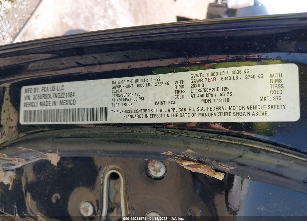 2022 RAM 2500 VIN: 3C6UR5DL7NG221484