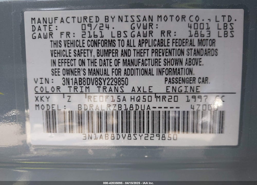 2025 NISSAN SENTRA SR VIN: 3N1AB8DV8SY229850