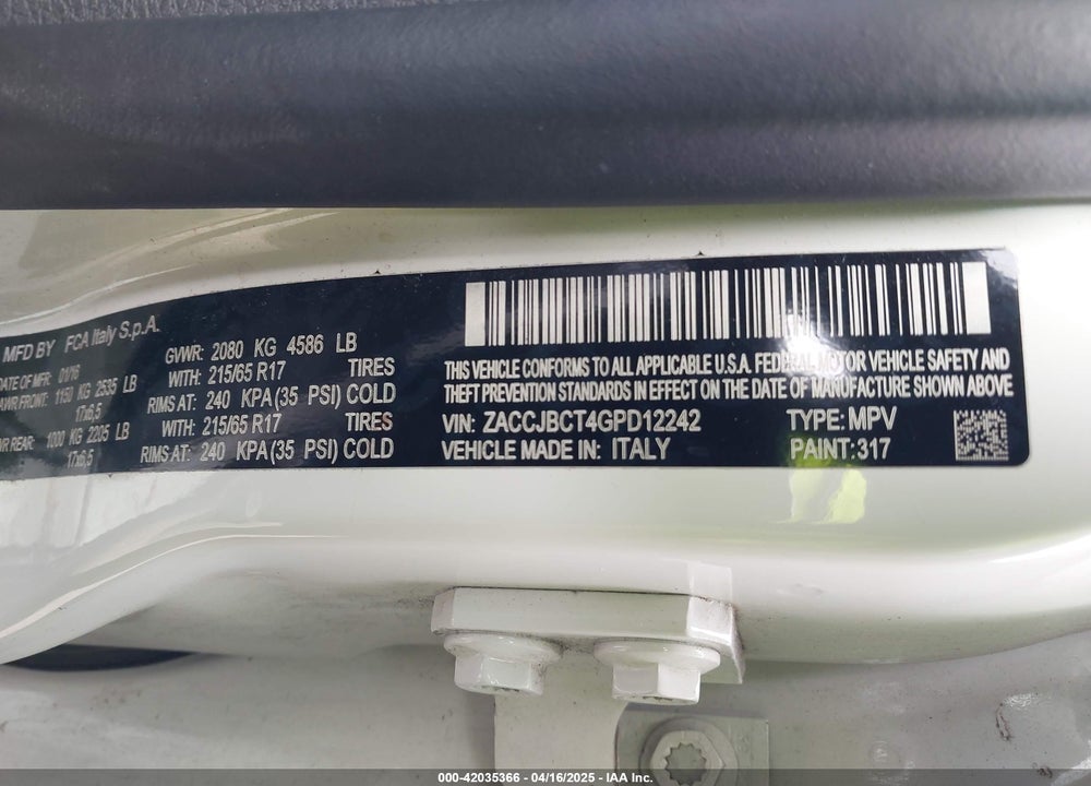 2016 JEEP RENEGADE VIN: ZACCJBCT4GPD12242