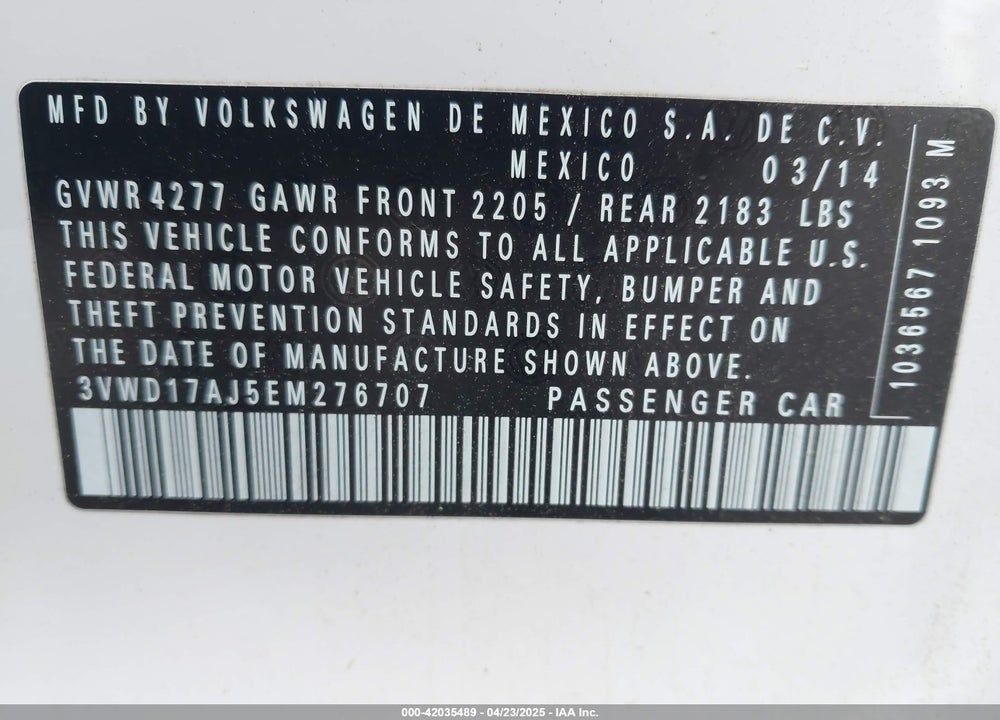 2014 VOLKSWAGEN JETTA 1.8T SE VIN: 3VWD17AJ5EM276707