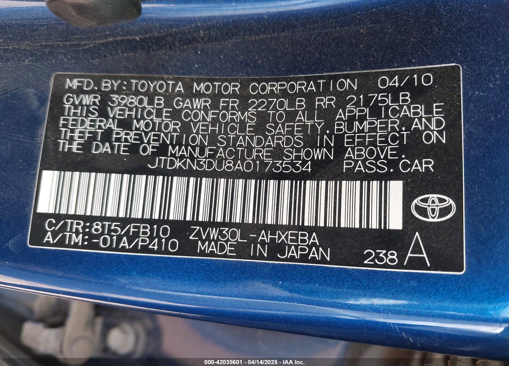 2010 TOYOTA PRIUS VIN: JTDKN3DU8A0173534