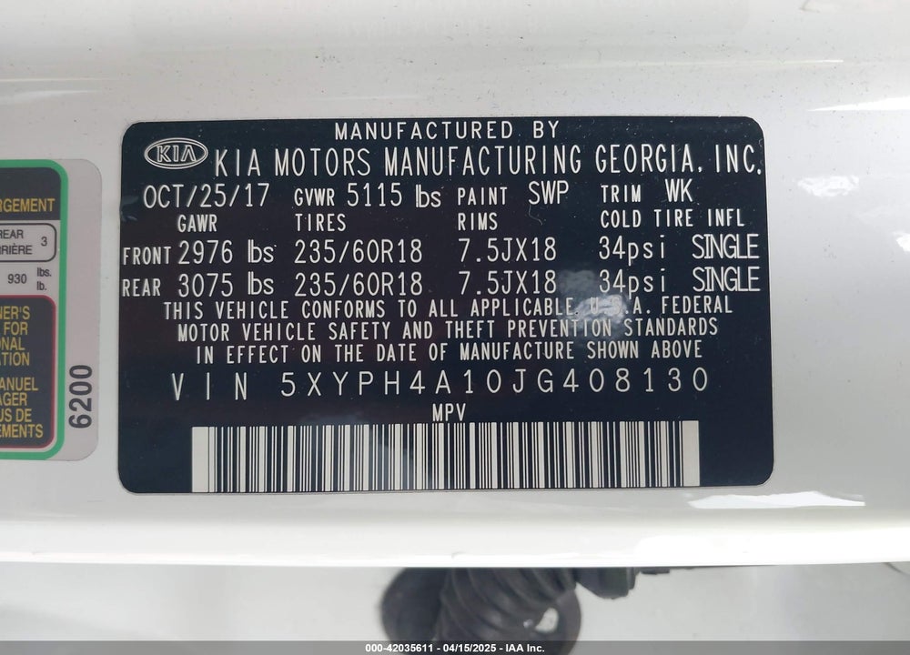 2018 KIA SORENTO 2.0T EX VIN: 5XYPH4A10JG408130