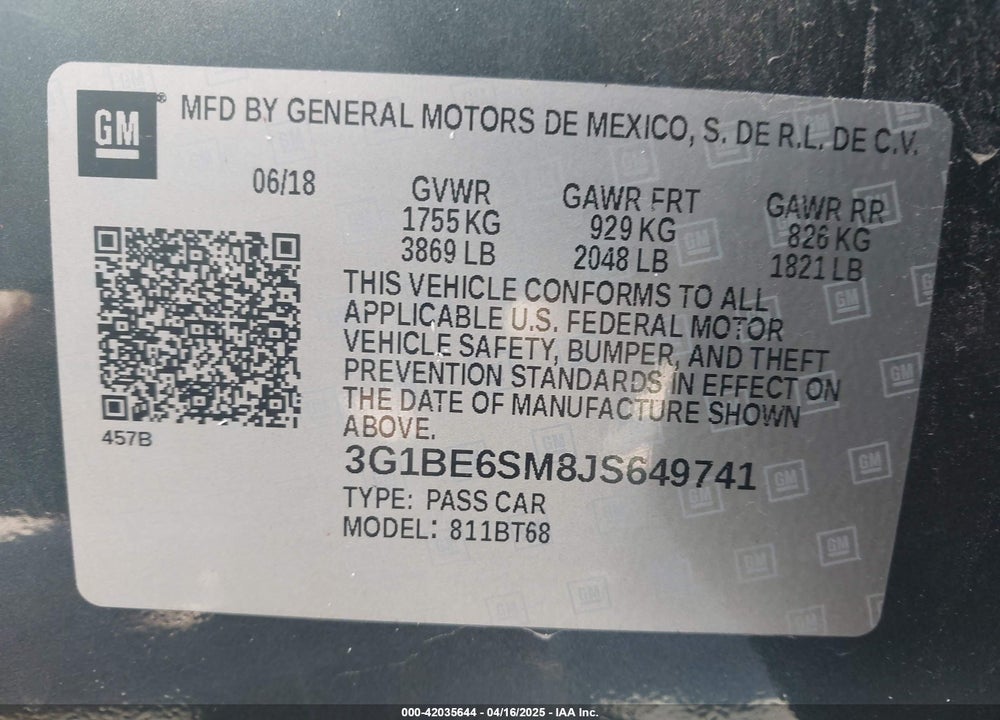 2018 CHEVROLET CRUZE VIN: 3G1BE6SM8JS649741