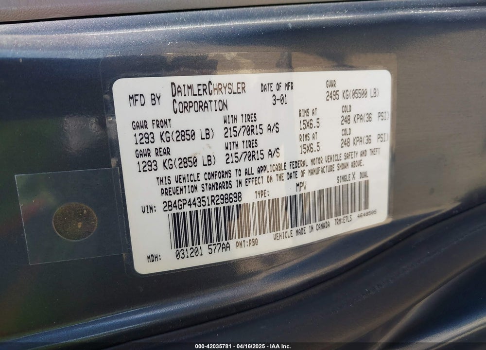 2001 DODGE GRAND CARAVAN SPORT VIN: 2B4GP44351R298698