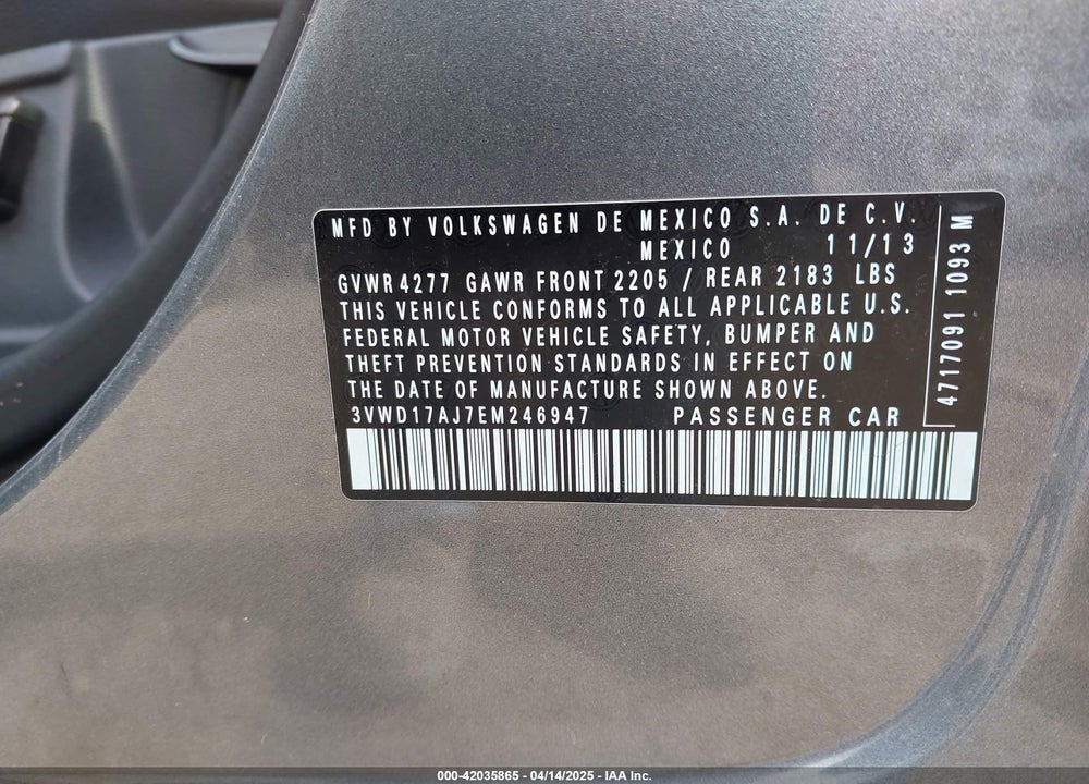 2014 VOLKSWAGEN JETTA VIN: 3VWD17AJ7EM246947