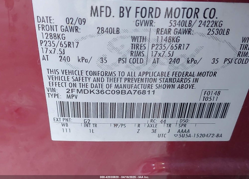 2009 FORD EDGE VIN: 2FMDK36C09BA76811