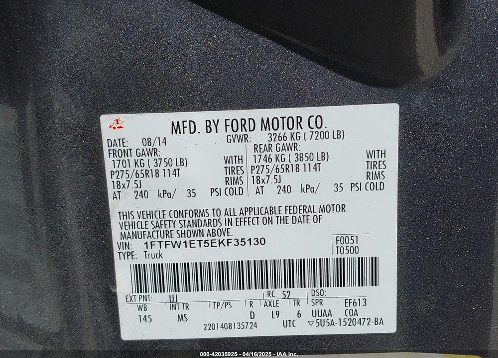 2014 FORD F-150 XLT VIN: 1FTFW1ET5EKF35130