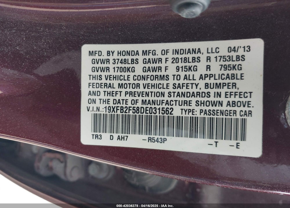 2013 HONDA CIVIC VIN: 19XFB2F58DE031562