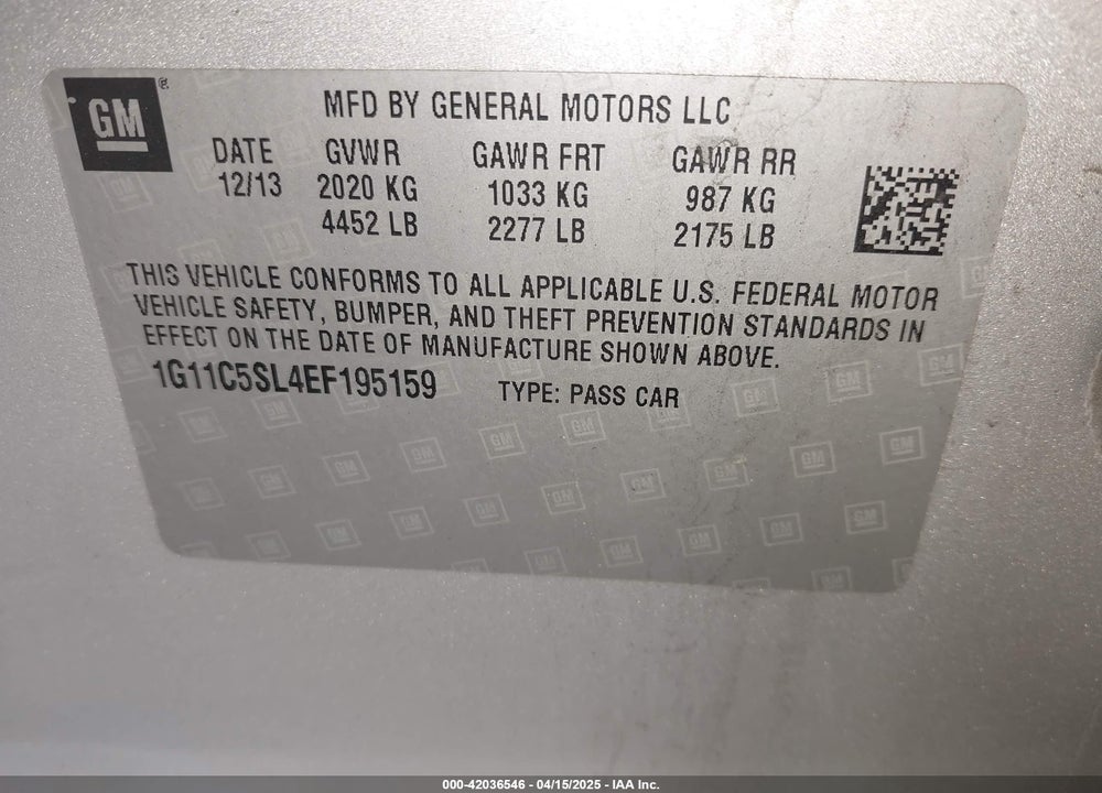 2014 CHEVROLET MALIBU 1LT VIN: 1G11C5SL4EF195159