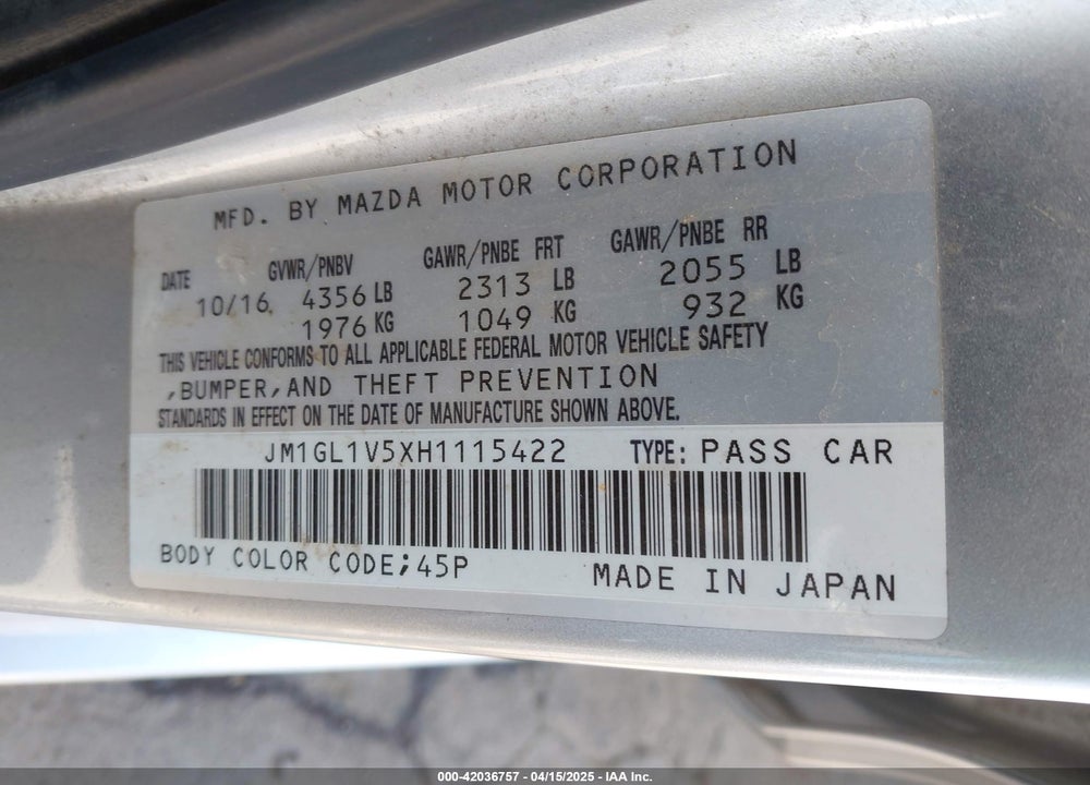 2017 MAZDA 6 VIN: JM1GL1V5XH1115422