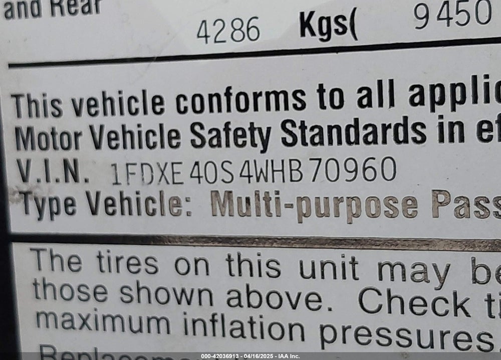 1998 FORD ECONOLINE E450 SUPER DUTY CUTWY  RV VIN: 1FDXE40S4WHB70960