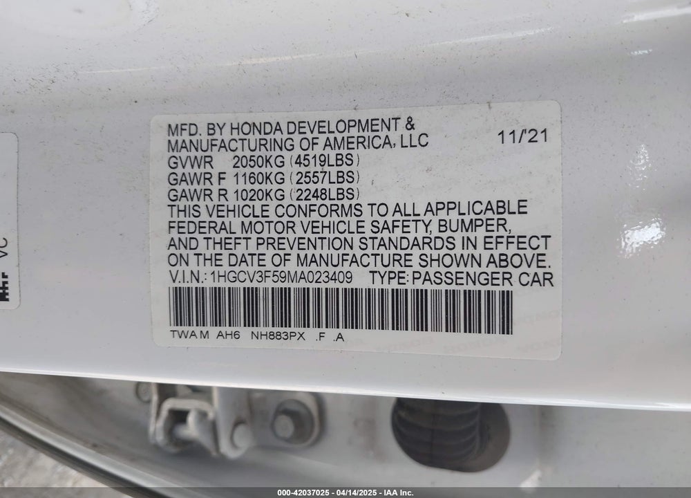 2021 HONDA ACCORD HYBRID EX-L VIN: 1HGCV3F59MA023409