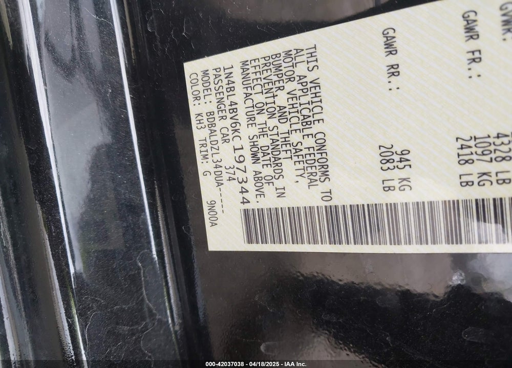 2019 NISSAN ALTIMA VIN: 1N4BL4BV6KC197344