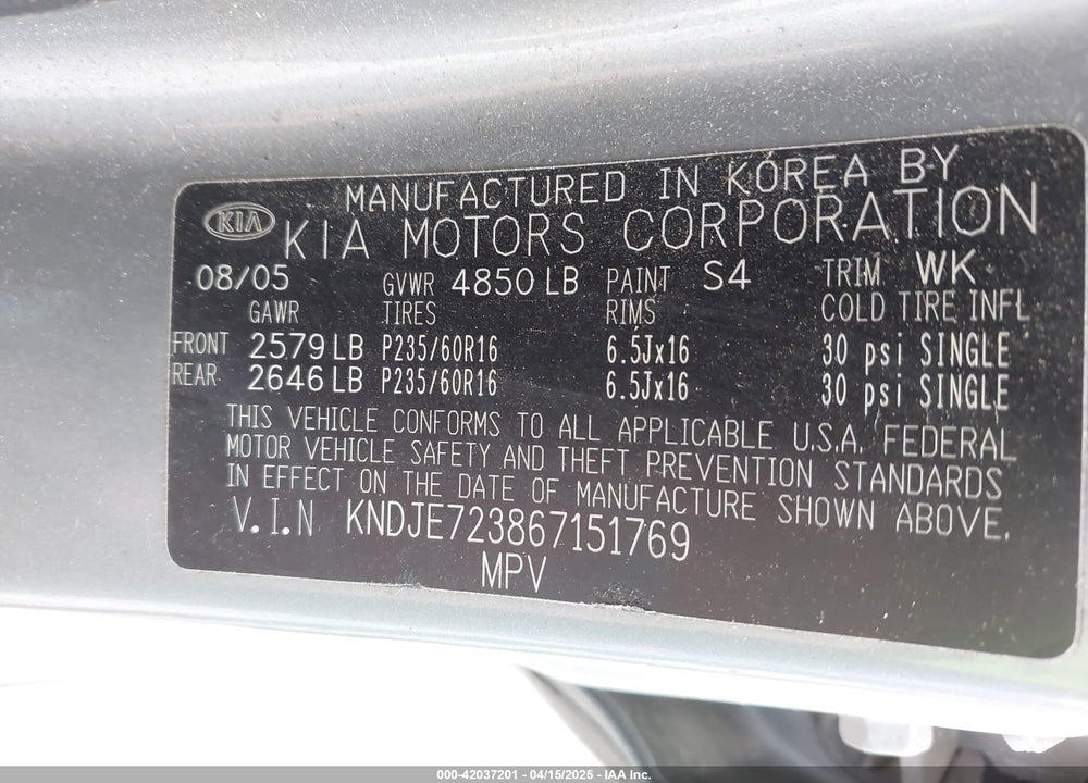 2006 KIA SPORTAGE EX V6/LX V6 VIN: KNDJE723867151769