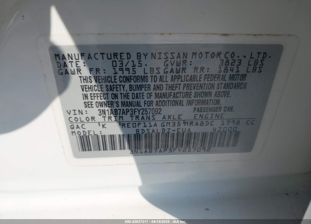 2015 NISSAN SENTRA FE+ S/S/SL/SR/SV VIN: 3N1AB7AP3FY257092